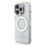Guess IML Gold Outline Stand Camera Frame MagSafe Transparent Kryt iPhone 16 Pro Max