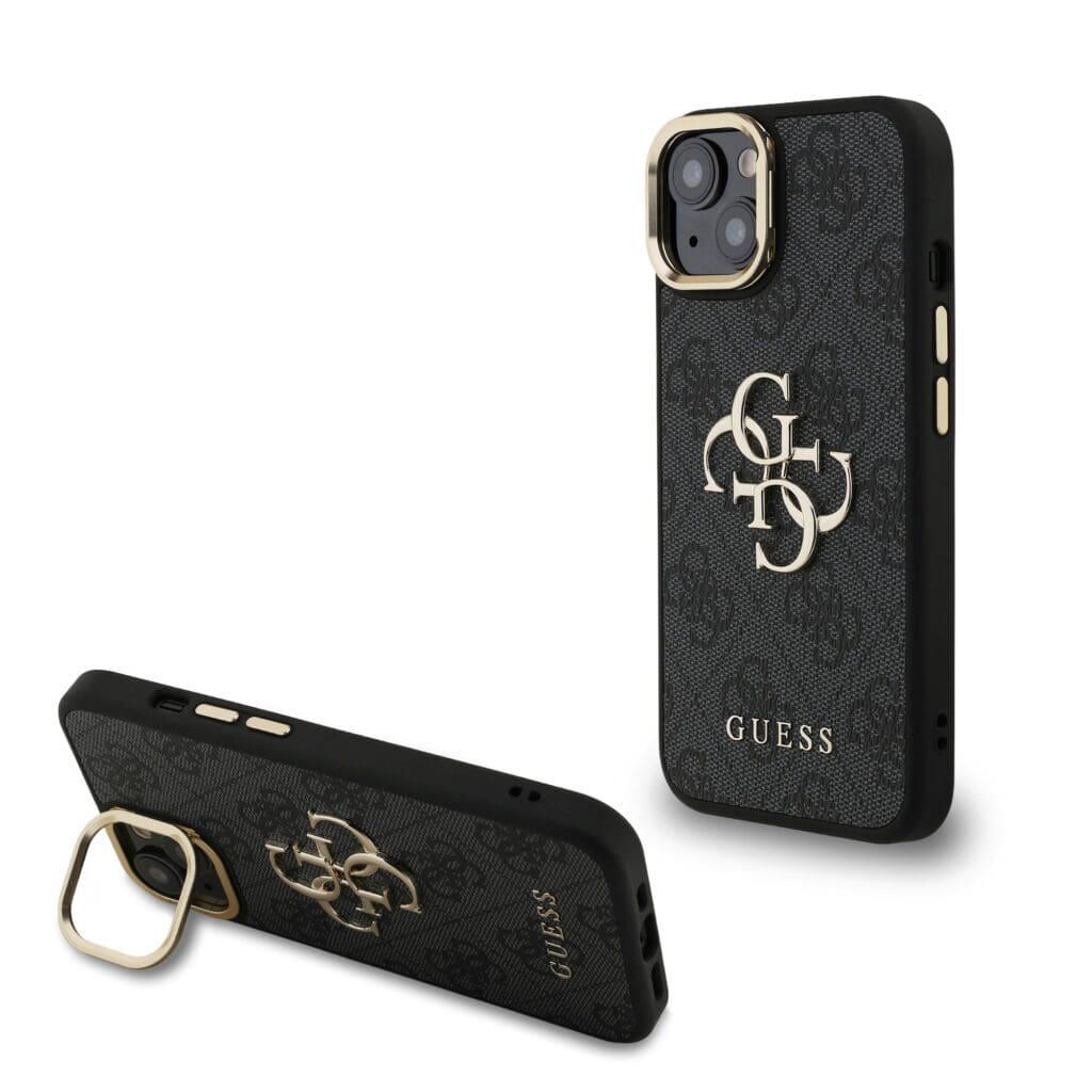 Guess PU 4G Metal Logo Stand Camera Frame Black Kryt iPhone 13