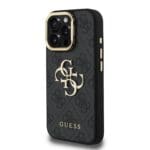 Guess PU 4G Metal Logo Stand Camera Frame Black Kryt iPhone 15 Pro