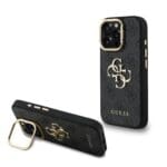 Guess PU 4G Metal Logo Stand Camera Frame Black Kryt iPhone 15 Pro
