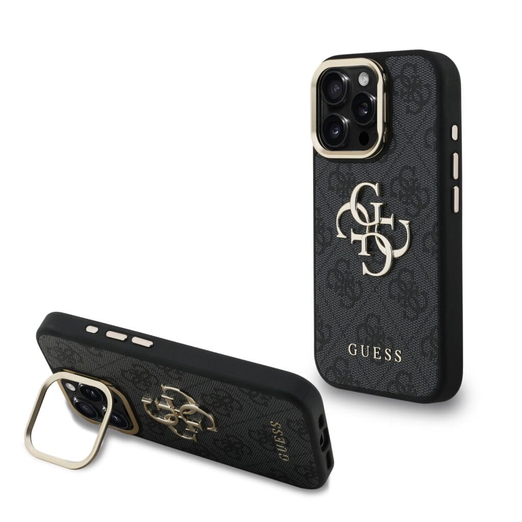 Guess PU 4G Metal Logo Stand Camera Frame Black Kryt iPhone 16 Pro