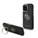 Guess PU 4G Metal Logo Stand Camera Frame Black Kryt iPhone 16 Pro