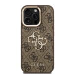 Guess PU 4G Metal Logo Stand Camera Frame Brown Kryt iPhone 15 Pro