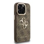 Guess PU 4G Metal Logo Stand Camera Frame Brown Kryt iPhone 15 Pro