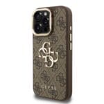 Guess PU 4G Metal Logo Stand Camera Frame Brown Kryt iPhone 15 Pro Max