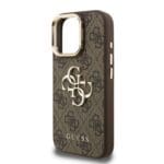 Guess PU 4G Metal Logo Stand Camera Frame Brown Kryt iPhone 15 Pro Max