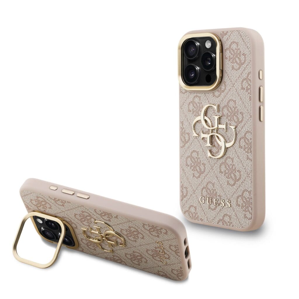 Guess PU 4G Metal Logo Stand Camera Frame Pink Kryt iPhone 15 Pro Max