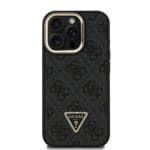 Guess PU 4G Strass Triangle Logo Stand Camera Frame MagSafe Black Kryt iPhone 15 Pro Max