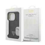 Guess PU 4G Strass Triangle Logo Stand Camera Frame MagSafe Black Kryt iPhone 15 Pro Max