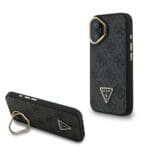 Guess PU 4G Strass Triangle Logo Stand Camera Frame MagSafe Black Kryt iPhone 16