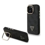 Guess PU 4G Strass Triangle Logo Stand Camera Frame MagSafe Black Kryt iPhone 16 Pro