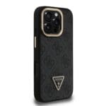 Guess PU 4G Strass Triangle Logo Stand Camera Frame MagSafe Black Kryt iPhone 16 Pro