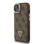 Guess PU 4G Strass Triangle Logo Stand Camera Frame MagSafe Brown Kryt iPhone 13