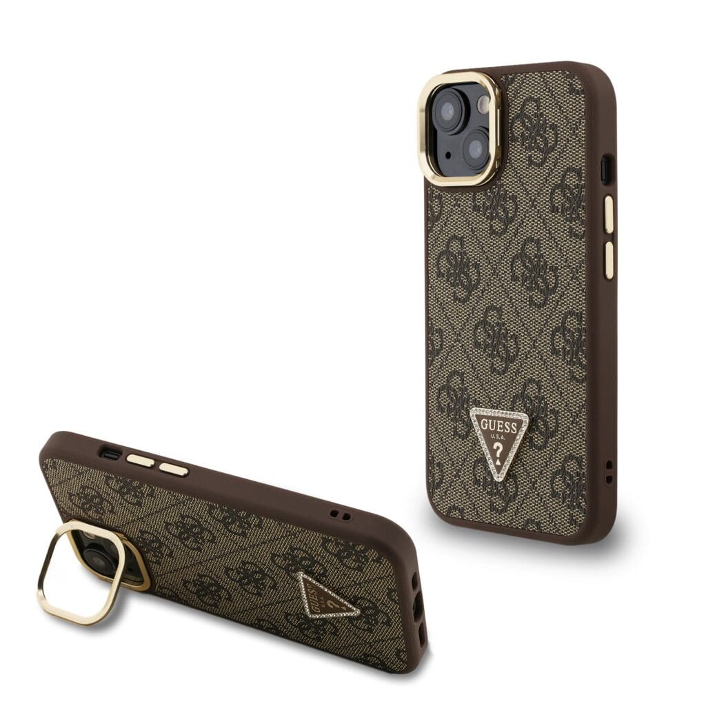 Guess PU 4G Strass Triangle Logo Stand Camera Frame MagSafe Brown Kryt iPhone 13