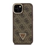 Guess PU 4G Strass Triangle Logo Stand Camera Frame MagSafe Brown Kryt iPhone 13