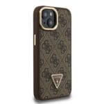 Guess PU 4G Strass Triangle Logo Stand Camera Frame MagSafe Brown Kryt iPhone 13