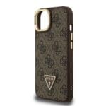 Guess PU 4G Strass Triangle Logo Stand Camera Frame MagSafe Brown Kryt iPhone 13