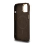 Guess PU 4G Strass Triangle Logo Stand Camera Frame MagSafe Brown Kryt iPhone 13