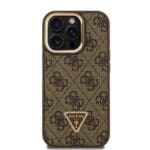 Guess PU 4G Strass Triangle Logo Stand Camera Frame MagSafe Brown Kryt iPhone 15 Pro Max