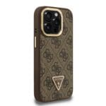 Guess PU 4G Strass Triangle Logo Stand Camera Frame MagSafe Brown Kryt iPhone 15 Pro Max