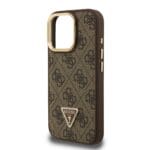 Guess PU 4G Strass Triangle Logo Stand Camera Frame MagSafe Brown Kryt iPhone 15 Pro Max