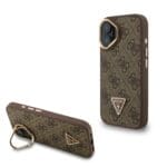 Guess PU 4G Strass Triangle Logo Stand Camera Frame MagSafe Brown Kryt iPhone 16