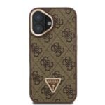 Guess PU 4G Strass Triangle Logo Stand Camera Frame MagSafe Brown Kryt iPhone 16