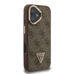 Guess PU 4G Strass Triangle Logo Stand Camera Frame MagSafe Brown Kryt iPhone 16