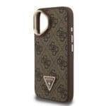 Guess PU 4G Strass Triangle Logo Stand Camera Frame MagSafe Brown Kryt iPhone 16