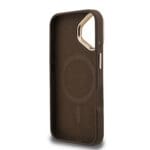Guess PU 4G Strass Triangle Logo Stand Camera Frame MagSafe Brown Kryt iPhone 16