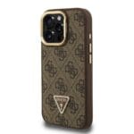 Guess PU 4G Strass Triangle Logo Stand Camera Frame MagSafe Brown Kryt iPhone 16 Pro
