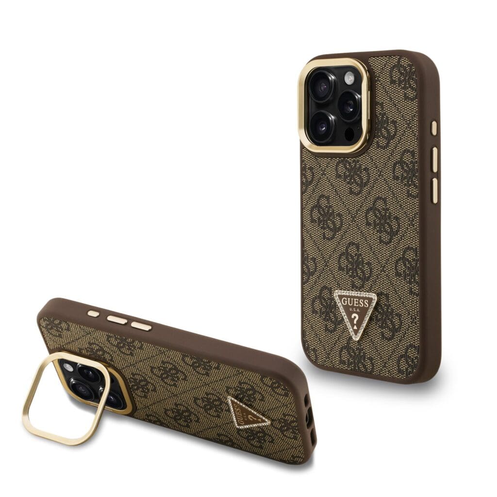 Guess PU 4G Strass Triangle Logo Stand Camera Frame MagSafe Brown Kryt iPhone 16 Pro