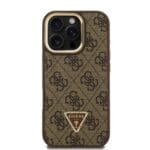 Guess PU 4G Strass Triangle Logo Stand Camera Frame MagSafe Brown Kryt iPhone 16 Pro