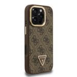 Guess PU 4G Strass Triangle Logo Stand Camera Frame MagSafe Brown Kryt iPhone 16 Pro