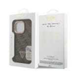 Guess PU 4G Strass Triangle Logo Stand Camera Frame MagSafe Brown Kryt iPhone 16 Pro