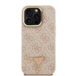 Guess PU 4G Strass Triangle Logo Stand Camera Frame MagSafe Pink Kryt iPhone 15 Pro Max