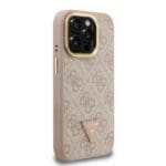 Guess PU 4G Strass Triangle Logo Stand Camera Frame MagSafe Pink Kryt iPhone 15 Pro Max