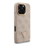 Guess PU 4G Strass Triangle Logo Stand Camera Frame MagSafe Pink Kryt iPhone 16 Pro