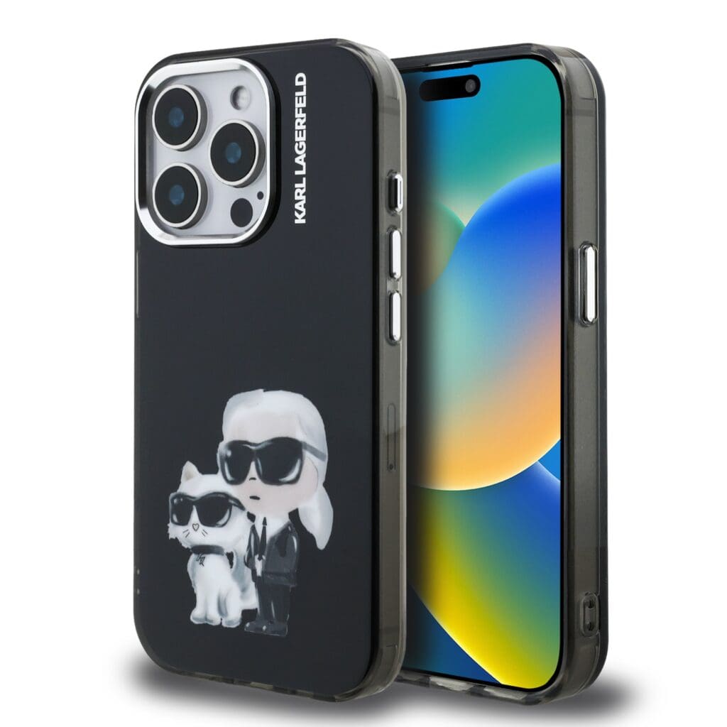 Karl Lagerfeld IML Aquarelle Karl and Choupette Black Kryt iPhone 15 Pro