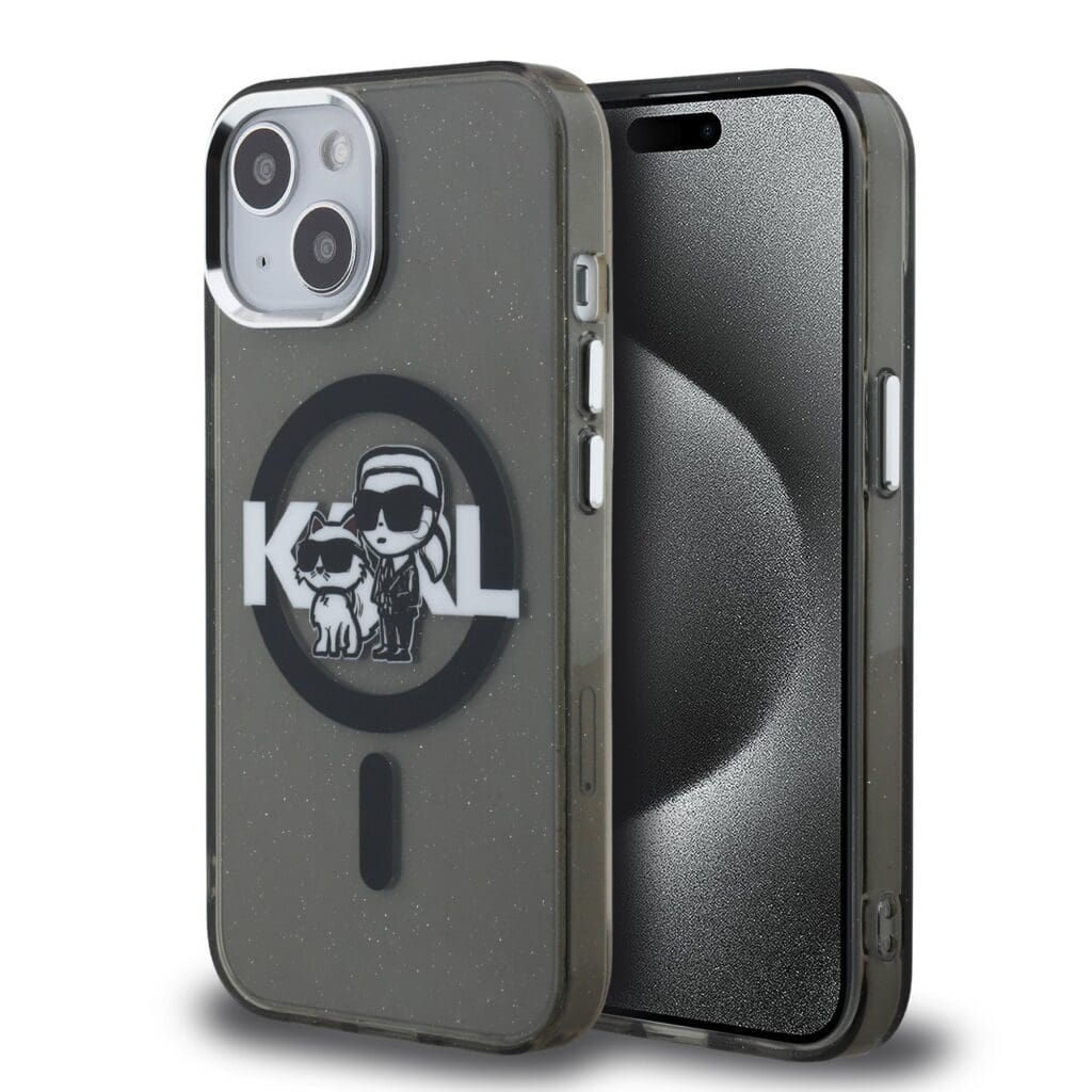 Karl Lagerfeld IML Glitter Karl and Choupette Sketch MagSafe Black Kryt iPhone 15
