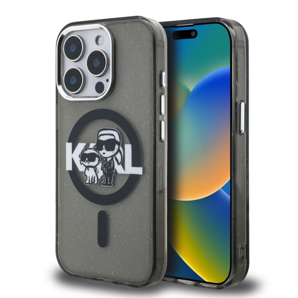 Karl Lagerfeld IML Glitter Karl and Choupette Sketch MagSafe Black Kryt iPhone 15 Pro