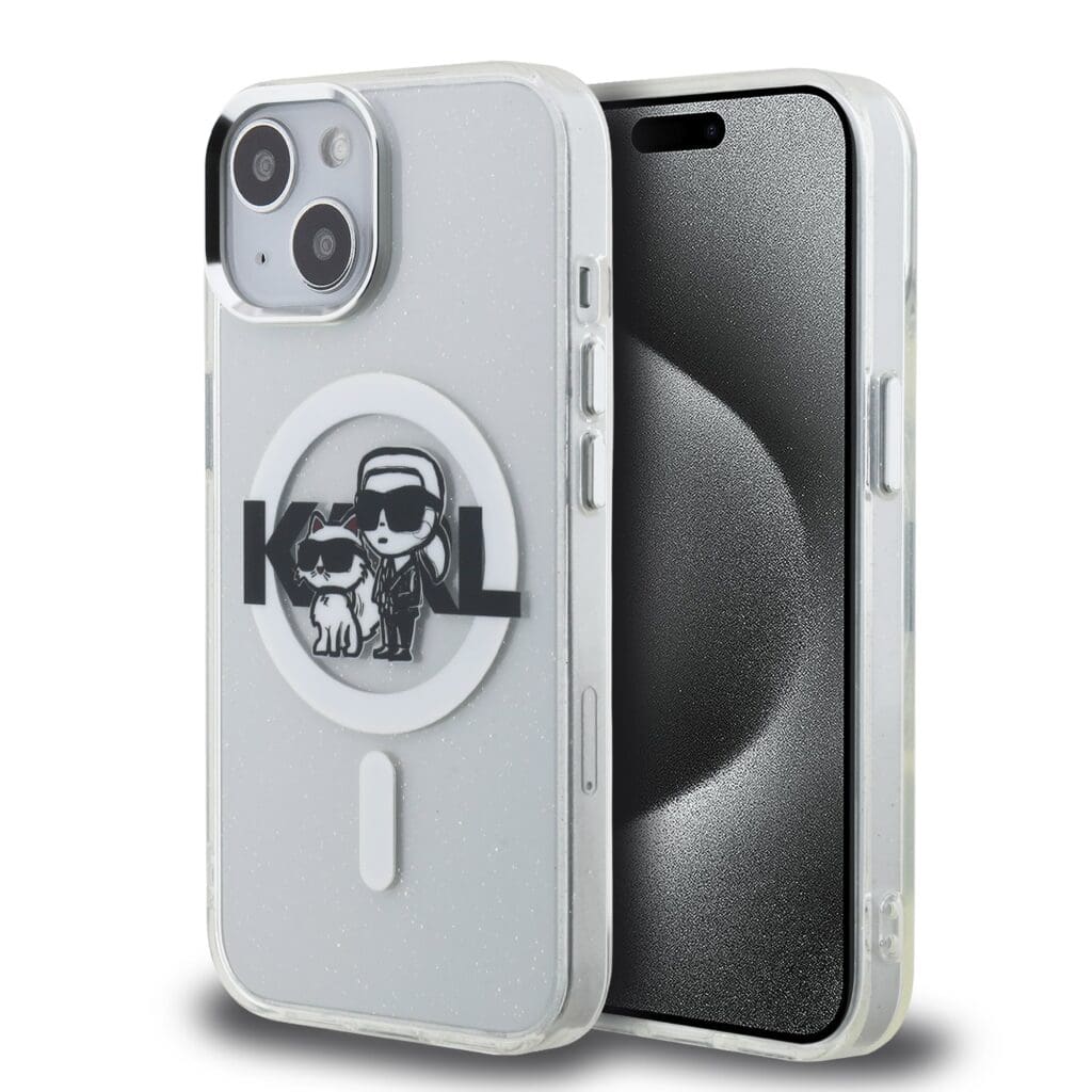 Karl Lagerfeld IML Glitter Karl and Choupette Sketch MagSafe Transparent Kryt iPhone 15