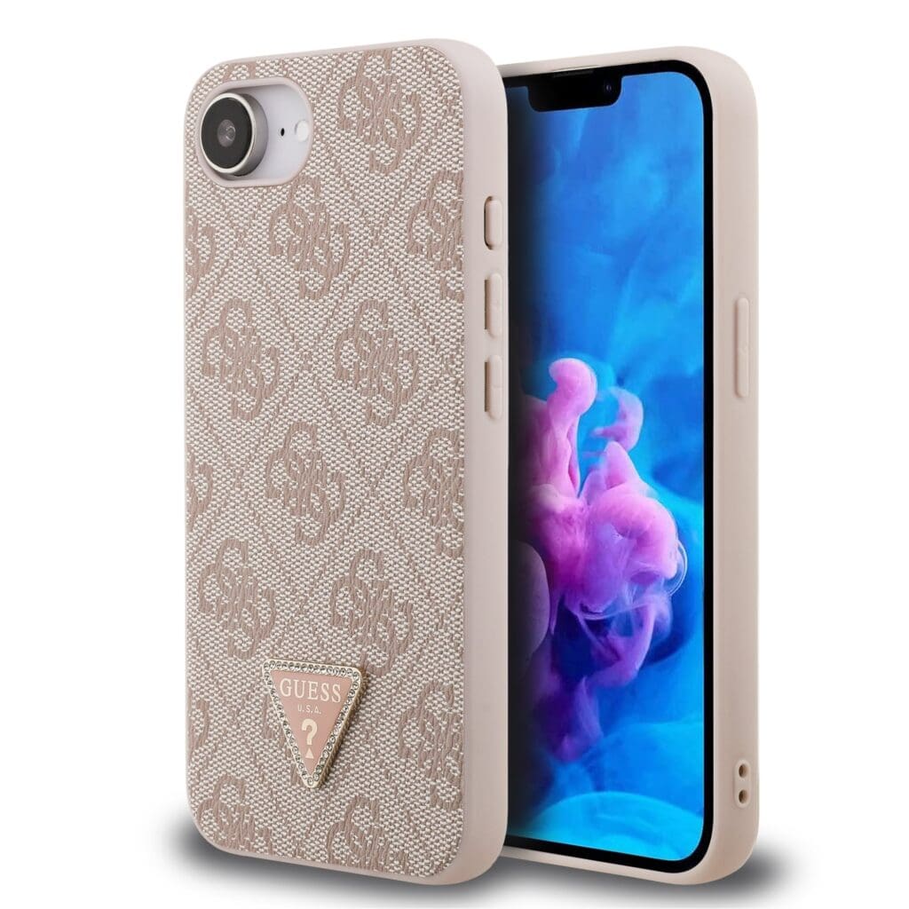 Guess PU 4G Strass Triangle Metal Logo Pink Kryt iPhone 16e