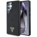 Guess Grained Hot Stamp Peony Pattern Triangle Logo MagSafe Black Kryt Samsung Galaxy S25 Ultra
