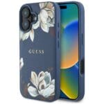 Guess Grained Printed Flower Pattern MagSafe Blue Kryt iPhone 16