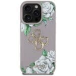 Guess Grained Roses Big 4G logo Purple Kryt iPhone 16 Pro