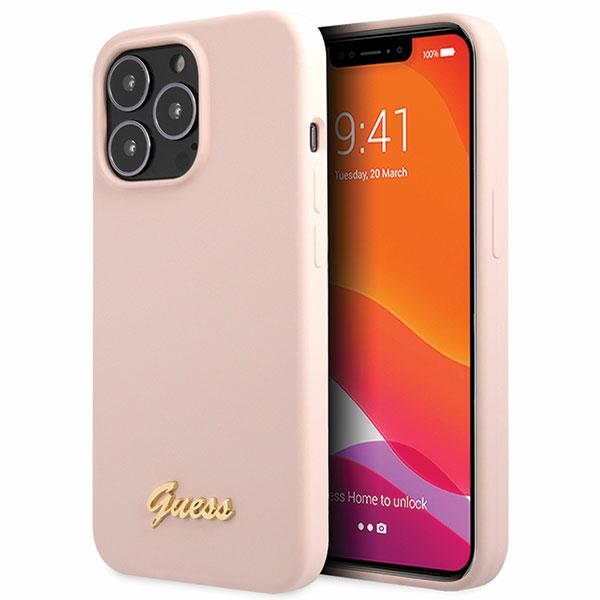 Guess GUHCP13XLSLMGLP Light Pink Hardcase Silicone Script Gold Log Kryt iPhone 13 Pro Max