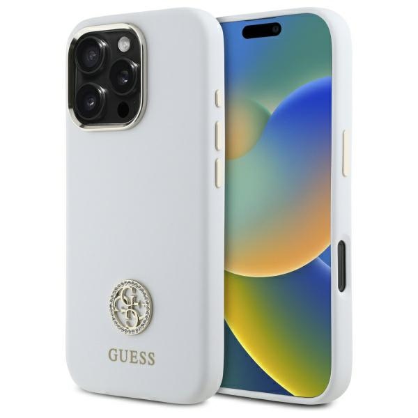 Guess GUHCP16LM4DGPH White Hardcase Silicone Logo Strass 4G Kryt iPhone 16 Pro