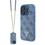 Guess GUHCP16LP4TDSCPB Blue Hardcase Leather Metal Logo Strass Crossbody Kryt iPhone 16 Pro