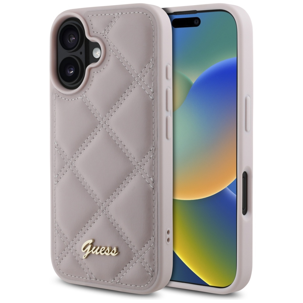 Guess GUHCP16SPSQSQSP Pink Hardcase Quiled Metal Logo Kryt iPhone 16